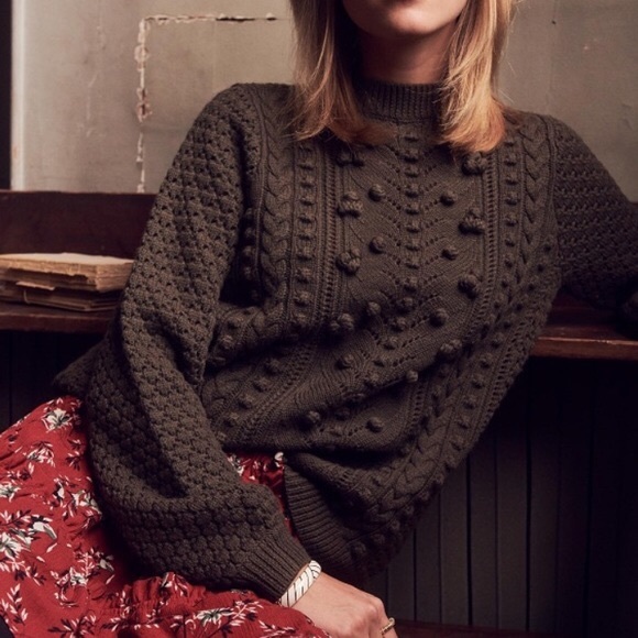 Sezane Sweaters - Sezane Olive Green Textured Cable-Knit Crewneck Sweater